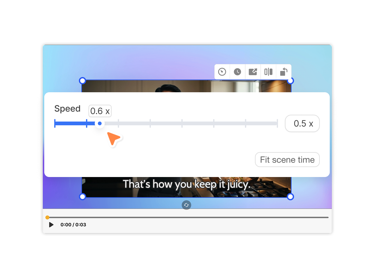 Reduce a video clip to 0.5x speed in Visla to create a slow-motion effect.
